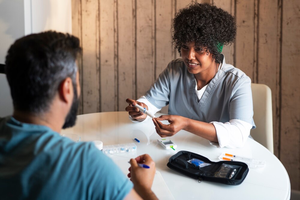 Close up on nurse helping diabetic person checking their glucose levels